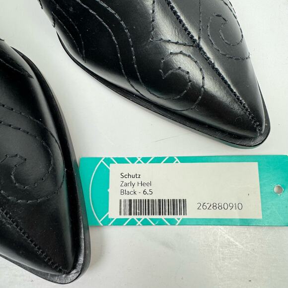 NEW Schutz Zarly Black Leather Western Stitched Slip On Heel Mules - Picture 11 of 13